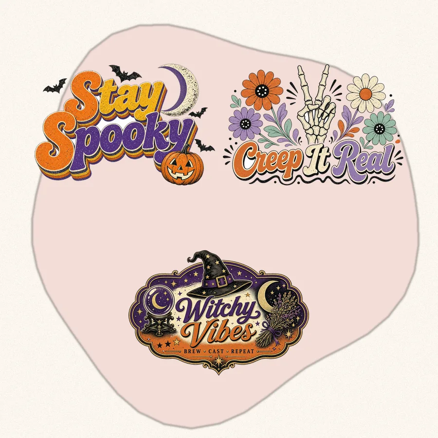 Retro Halloween Sayings Bundle: 3 hand drawn PNG designs