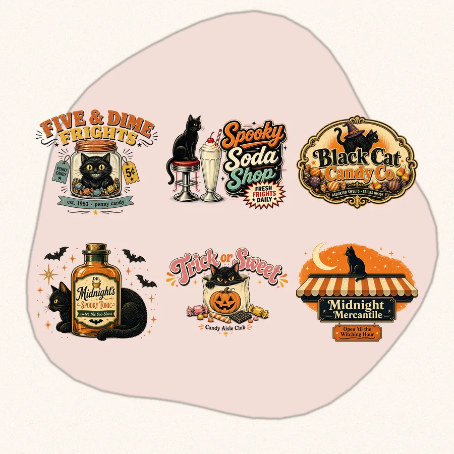 Vintage Drugstore Black Cat Bundle: 6 hand drawn PNG designs